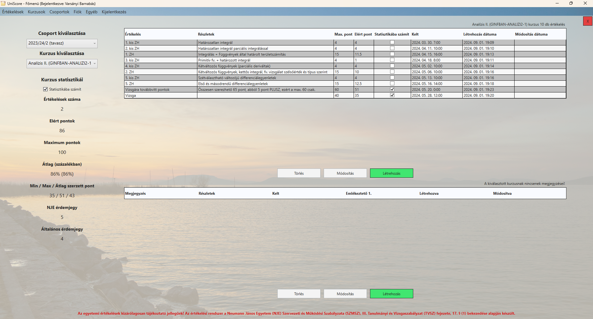 UniScore Dashboard - Kurzushoz tartozó értékelések