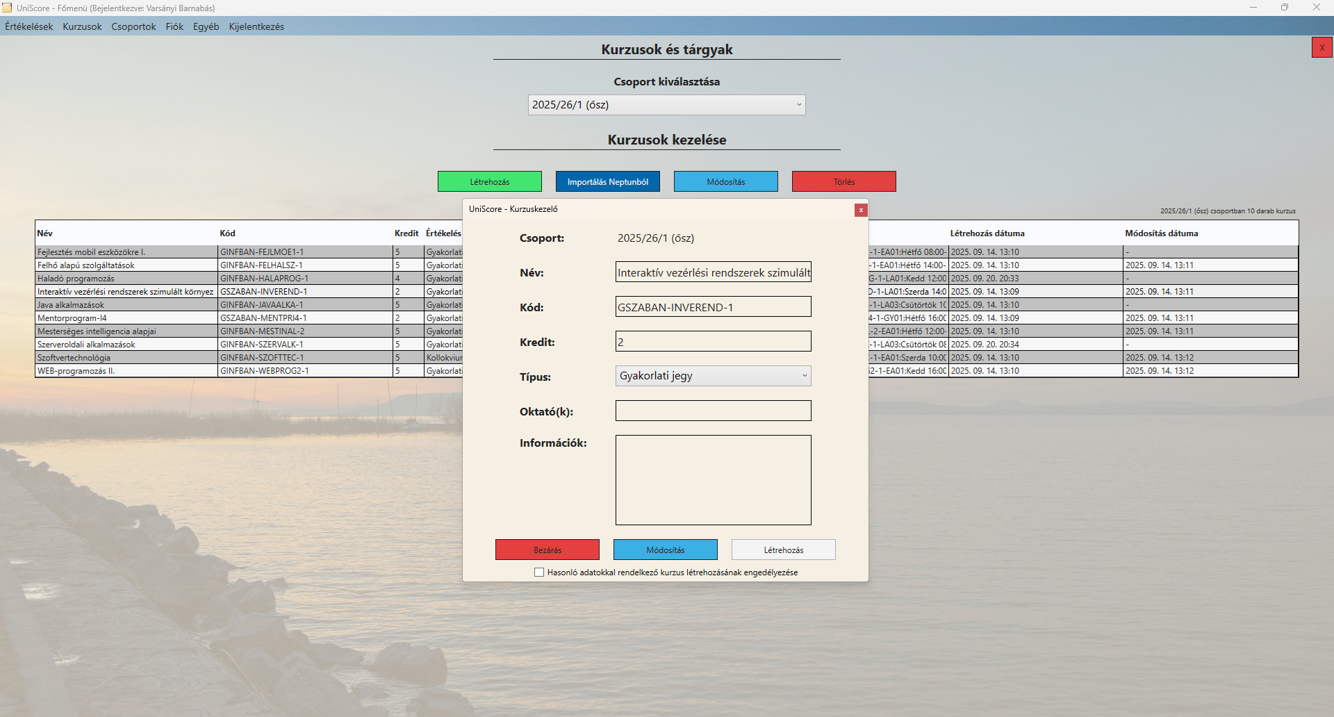 UniScore Dashboard - Kurzus létrehozása vagy importálása