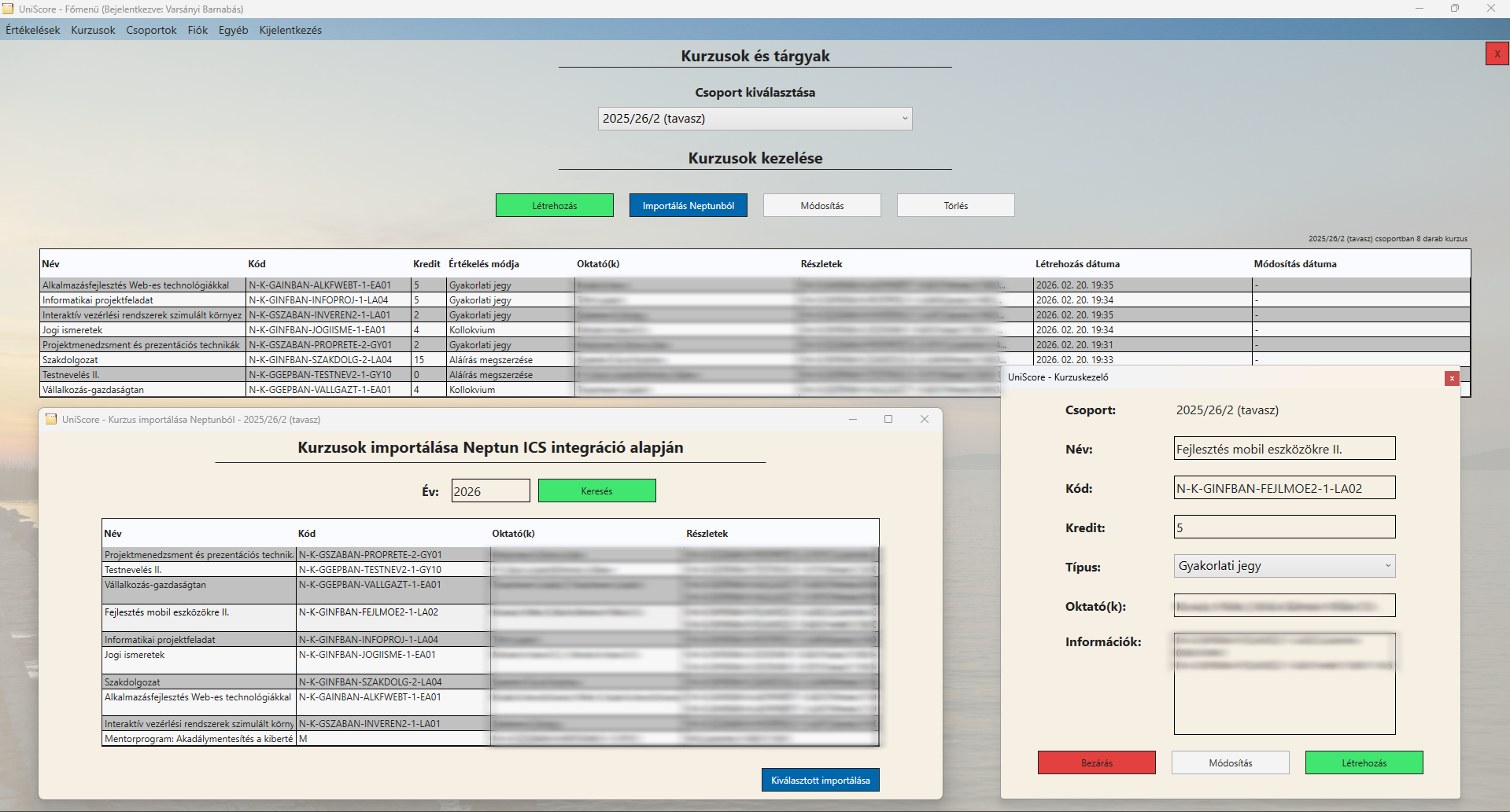 UniScore Dashboard - Kurzus létrehozása vagy importálása